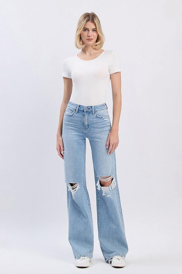 HIGH RISE DISTRESSED WIDE LEG JEANS...